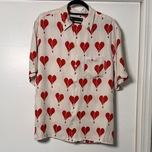 AllSaints Cream Short-Sleeve Button-Up with Red Heart Print